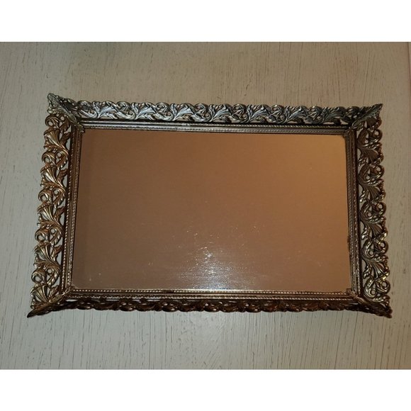Vintage Mid-Century Metal Filigree Mirrored Vanity/Boudoir Tray - Picture 4 of 4